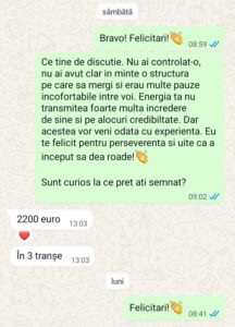 antreprenor.ro- Un chat WhatsApp arată o conversație despre un acord semnat care costă 2200 de euro, plătibil în trei rate, cu mesaje de încurajare și emoji-uri de aplauze.