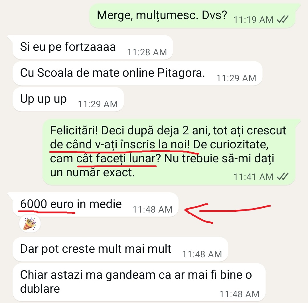 antreprenor.ro- O discuție pe WhatsApp în limba română în care se discută despre veniturile de la o școală online de matematică; o persoană menționează că câștigă în medie 6000 de euro pe lună.