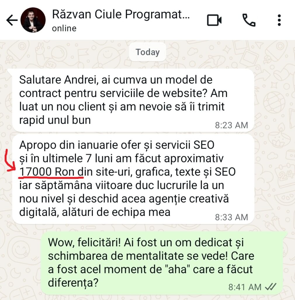 antreprenor.ro- O discuție pe WhatsApp în limba română discută despre contracte de servicii de website și SEO, menționând un preț de 17.000 RON, cu un răspuns de felicitare evidențiat mai jos.