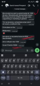 antreprenor.ro- O discuție pe WhatsApp în limba română discută despre creșterea veniturilor lunare recurente de la 850€ la 1000€, succesul afacerii și aprecierea pentru sfaturile primite.