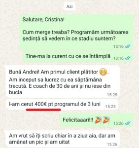 antreprenor.ro- O conversație WhatsApp în limba română în care se discută despre progresul clientului, programarea programului și un antrenor care cere 400 de euro pentru un program de 3 luni. Mesajele includ emoji de sărbătoare.